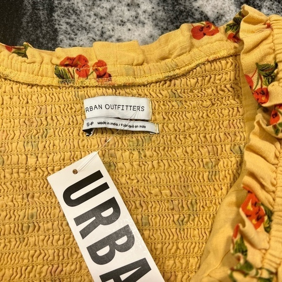 UO honey yellow with cherries print milkmaid mini dress with ruffles - Picture 6 of 14